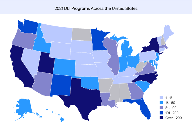 Map of United States showing the 2021 DLI Programs