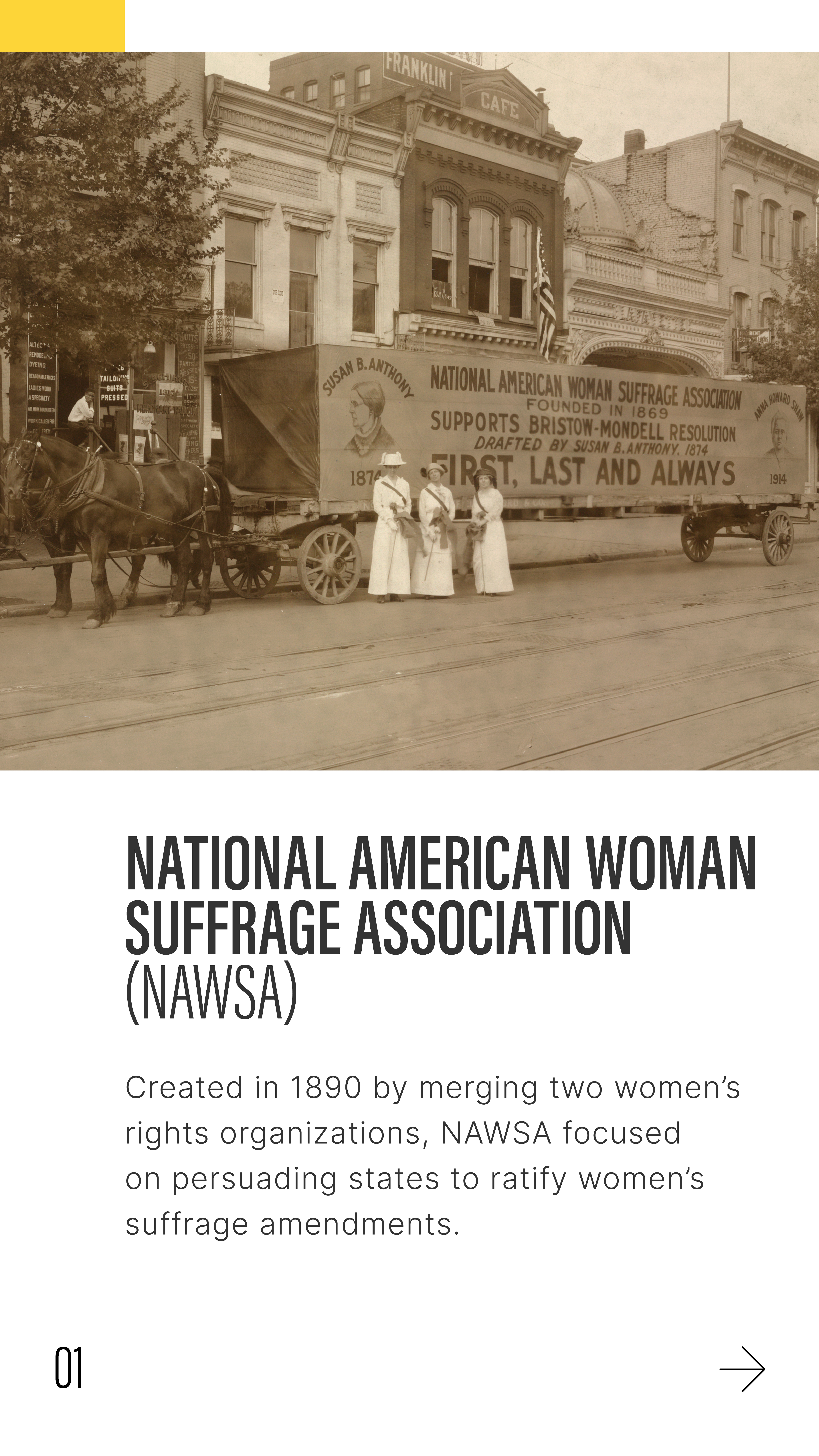 Three women stand in front of a horse-drawn wagon with a sign supporting the NAWSA, with text: NATIONAL AMERICAN WOMAN
SUFFRAGE ASSOCIATION
(NAWSA)
Created in 1890 by merging two women's rights organizations, NAWSA focused on persuading states to ratify women's suffrage amendments