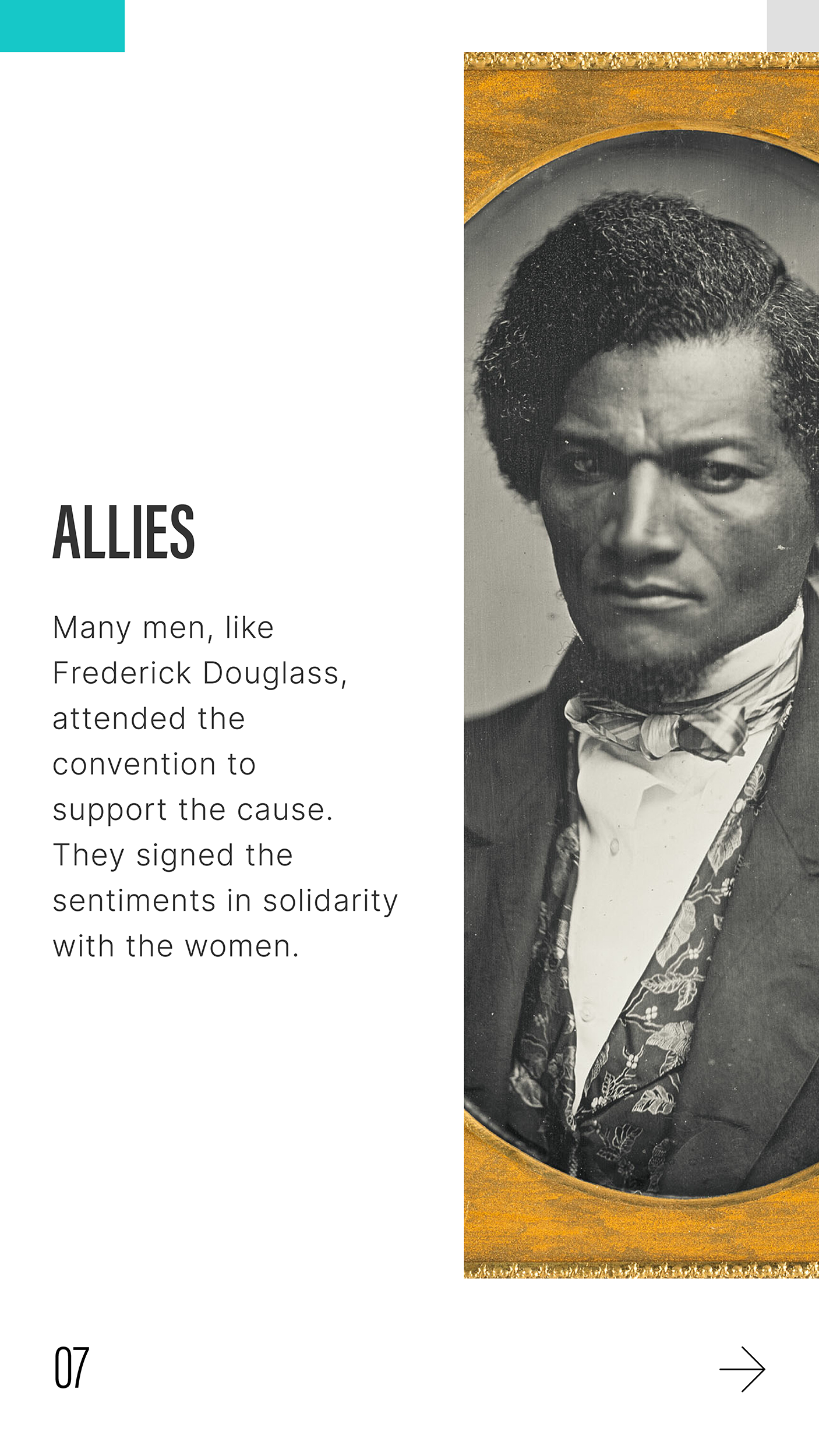 Image of Frederick Douglass - ALLIES - Many men, like Frederick Douglass, attended the convention to support the cause. They signed the sentiments in solidarity with the women.