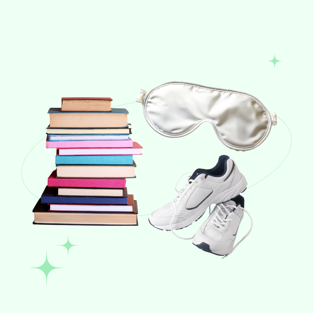 Image of books, an eye mask and a pair of sneakers – items often associated with self-care
