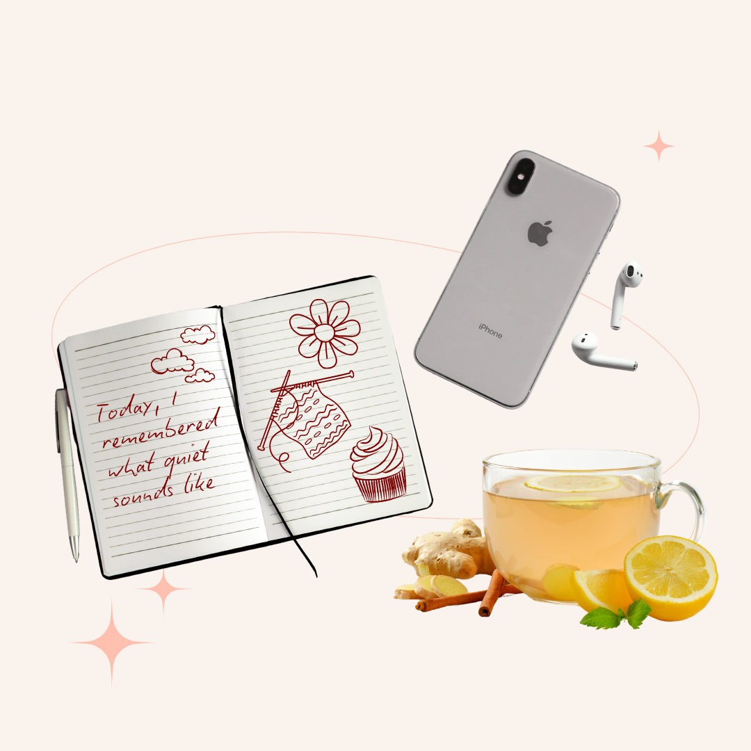 Image of journal, iphone with unplugged headphones and a cup of ginger and lemon tea – items often associated with self-care