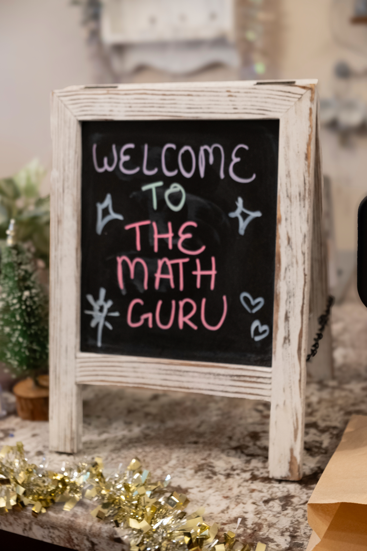 Welcome to the Math Guru mini chalkboard sign