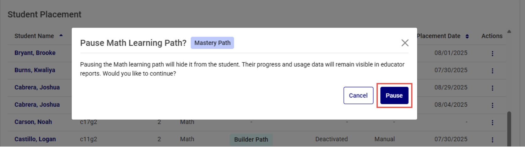New Paused Pathways Feature in Imagine Plus Math